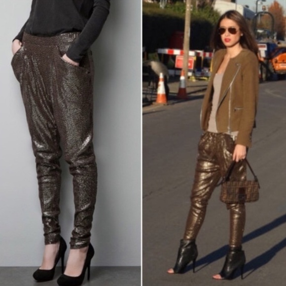 Zara Bronze Sequined Harem Pants / Joggers Size S - Picture 1 of 11